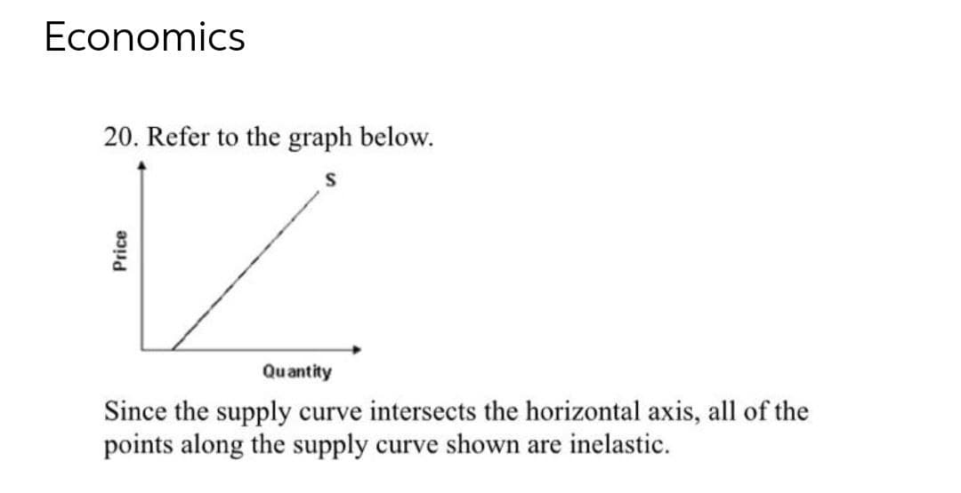 Economics
20. Refer to the graph below.
Quantity
Since the supply curve intersects the horizontal axis, all of the
points along the supply curve shown are inelastic.
Price
