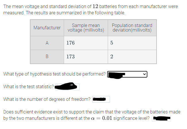 The mean voltage and standard deviation of 12 batteries from each manufacturer were
measured. The results are summarized in the following table.
Sample mean
voltage (millivolts)
Population standard
deviation(millivolts)
Manufacturer
A
176
В
173
2
What type of hypothesis test should be performed?
What is the test statistic?
What is the number of degrees of freedom?
Does sufficient evidence exist to support the claim that the voltage of the batteries made
by the two manufacturers is different at the a = 0.01 significance level?
