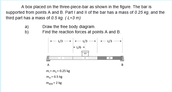 A box placed on the three-piece-bar as shown in the figure. The bar is
supported from points A and B. Part I and II of the bar has a mass of 0.25 kg, and the
third part has a mass of 0.5 kg. (L=3 m)
a)
b)
Draw the free body diagram.
Find the reaction forces at points A and B.
- 43 -- /3 -
L/3
* L/6+
%3D
A
m, = m= 0.25 kg
m- 0.5 kg
maox = 2 kg
