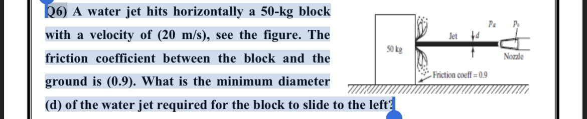 50 kg
Q6) A water jet hits horizontally a 50-kg block
with a velocity of (20 m/s), see the figure. The
friction coefficient between the block and the
ground is (0.9). What is the minimum diameter
(d) of the water jet required for the block to slide to the left?
Jet
Friction coeff=0.9
Nozzle