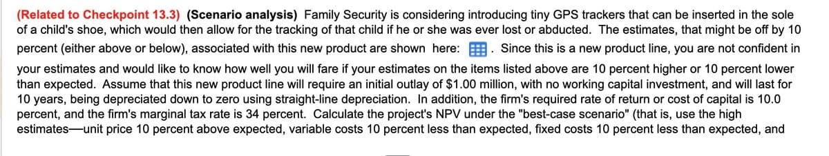 (Related to Checkpoint 13.3) (Scenario analysis) Family Security is considering introducing tiny GPS trackers that can be inserted in the sole
of a child's shoe, which would then allow for the tracking of that child if he or she was ever lost or abducted. The estimates, that might be off by 10
percent (either above or below), associated with this new product are shown here:. Since this is a new product line, you are not confident in
your estimates and would like to know how well you will fare if your estimates on the items listed above are 10 percent higher or 10 percent lower
than expected. Assume that this new product line will require an initial outlay of $1.00 million, with no working capital investment, and will last for
10 years, being depreciated down to zero using straight-line depreciation. In addition, the firm's required rate of return or cost of capital is 10.0
percent, and the firm's marginal tax rate is 34 percent. Calculate the project's NPV under the "best-case scenario" (that is, use the high
estimates-unit price 10 percent above expected, variable costs 10 percent less than expected, fixed costs 10 percent less than expected, and