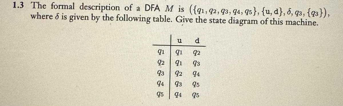 1.3 The formal description of a DFA M is ({91, 92, 93, 94, 95}, {u, d}, 6, 93, {93}),
where & is given by the following table. Give the state diagram of this machine.
d
91 91 92
#
92 91 93
93 92 94
94 13 95
95
94 95
