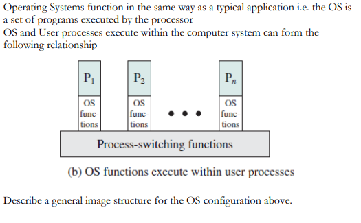 Operating Systems function in the same way as a typical application i.e. the OS is
a set of programs executed by the processor
OS and User processes execute within the computer system can form the
following relationship
P₁
OS
func-
tions
P₂
P₁
OS
func-
tions
OS
func-
tions
Process-switching functions
(b) OS functions execute within user processes
Describe a general image structure for the OS configuration above.
