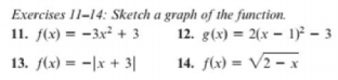 Exercises 11-14: Sketch a graph of the function.
11. f(x) = -3x² + 3
12. g(x) = 2(x – 1)² – 3
13. f(x) = -|x + 3|
14. f(x) = V2 – x
