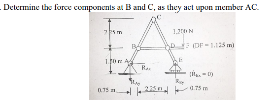 Determine the force components at B and C, as they act upon member AC.
1,200 N
2.25 m
B
DF (DF = 1.125 m)
E
1.50 m A
RA
*RAY
2.25 m
(ŘE = 0)
Rey
0.75 m
0.75 m.
