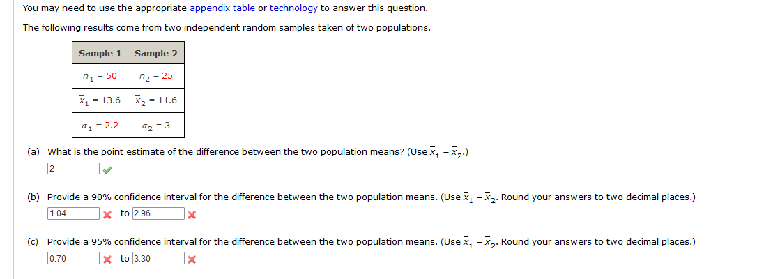 You may need to use the appropriate appendix table or technology to answer this question.
The following results come from two independent random samples taken of two populations.
Sample 1
Sample 2
n = 50
n2 = 25
x = 13.6
X2 = 11.6
01 = 2.2
02 = 3
(a) What is the point estimate of the difference between the two population means? (Use x, - x,.)
2
(b) Provide a 90% confidence interval for the difference between the two population means. (Use x, - X,. Round your answers to two decimal places.)
1.04
x to 2.96
(c) Provide a 95% confidence interval for the difference between the two population means. (Use x, - X,. Round your answers to two decimal places.)
0.70
x to 3.30
