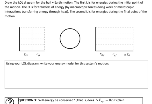 Draw the LOL diagram for the ball + Earth motion. The first L is for energies during the initial point of
the motion. The O is for transfers of energy (by macroscopic forces doing work or microscopic
interactions transferring energy through heat). The second L is for energies during the final point of the
motion.
Egi
Egi
Ef
Using your LOL diagram, write your energy model for this system's motion:
QUESTION 3: Will energy be conserved? (That is, does A E,y, = 0?) Explain.
