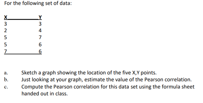 For the following set of data:
X
LY
3
3
2
4
7
7
Sketch a graph showing the location of the five X,Y points.
Just looking at your graph, estimate the value of the Pearson correlation.
Compute the Pearson correlation for this data set using the formula sheet
handed out in class.
а.
b.
с.
