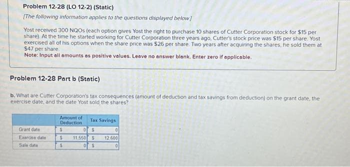 Problem 12-28 (LO 12-2) (Static)
[The following information applies to the questions displayed below]
Yost received 300 NQOS (each option gives Yost the right to purchase 10 shares of Cutter Corporation stock for $15 per
share). At the time he started working for Cutter Corporation three years ago, Cutter's stock price was $15 per share. Yost
exercised all of his options when the share price was $26 per share. Two years after acquiring the shares, he sold them at
$47 per share.
Note: Input all amounts as positive values. Leave no answer blank. Enter zero if applicable.
Problem 12-28 Part b (Static)
b. What are Cutter Corporation's tax consequences (amount of deduction and tax savings from deduction) on the grant date, the
exercise date, and the date Yost sold the shares?
Grant date
Exercise date:
Sale date:
Amount of Tax Savings
Deduction
$
$
$
OS
11,550 $
0 $
0
12,600
0