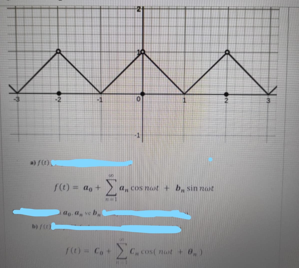 -1
3.
a) f(1).
f(t) = ao+
a, cos not + b, sin not
ag. a, ve b,
b) f(t)
f() = Co +
> C, cos( nat + 0, )
