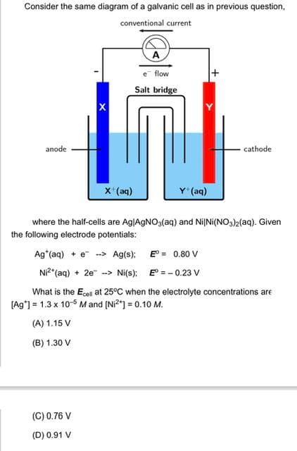 Consider the same diagram of a galvanic cell as in previous question,
conventional current
anode
X
X+ (aq)
(C) 0.76 V
(D) 0.91 V
A
e flow
Salt bridge
Y+ (aq)
cathode
where the half-cells are Ag|AgNO3(aq) and Ni|Ni(NO3)2(aq). Given
the following electrode potentials:
Ag (aq) + e-> Ag(s);
E° = 0.80 V
Ni²+ (aq) + 2e --> Ni(s): E = -0.23 V
What is the Ecell at 25°C when the electrolyte concentrations are
[Ag*] = 1.3 x 10-5 M and [Ni²+] = 0.10 M.
(A) 1.15 V
(B) 1.30 V