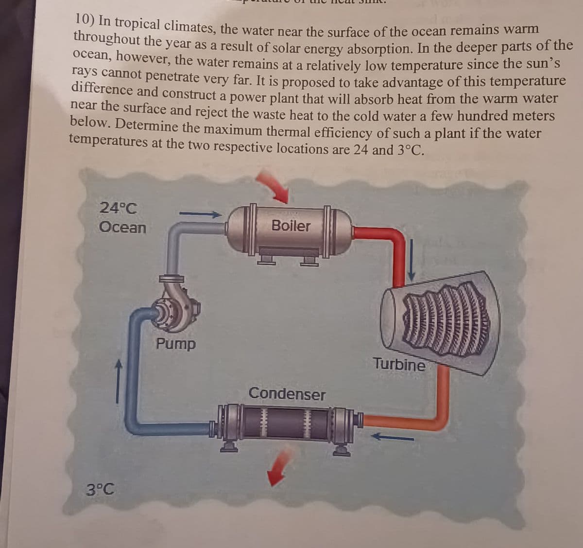 10) In tropical climates, the water near the surface of the ocean remains warm
throughout the year as a result of solar energy absorption. In the deeper parts of the
ocean, however, the water remains at a relatively low temperature since the sun's
rays cannot penetrate very far. It is proposed to take advantage of this temperature
difference and construct a power plant that will absorb heat from the warm water
near the surface and reject the waste heat to the cold water a few hundred meters
below. Determine the maximum thermal efficiency of such a plant if the water
temperatures at the two respective locations are 24 and 3°C.
24°C
Ocean
3°C
Pump
Boiler
Condenser
w
Turbine