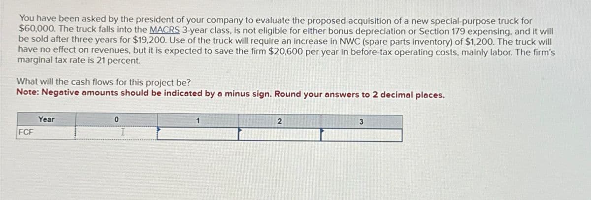 You have been asked by the president of your company to evaluate the proposed acquisition of a new special-purpose truck for
$60,000. The truck falls into the MACRS 3-year class, is not eligible for either bonus depreciation or Section 179 expensing, and it will
be sold after three years for $19,200. Use of the truck will require an increase in NWC (spare parts inventory) of $1,200. The truck will
have no effect on revenues, but it is expected to save the firm $20,600 per year in before-tax operating costs, mainly labor. The firm's
marginal tax rate is 21 percent.
What will the cash flows for this project be?
Note: Negative amounts should be indicated by a minus sign. Round your answers to 2 decimal places.
Year
FCF
0
I
1
2
3