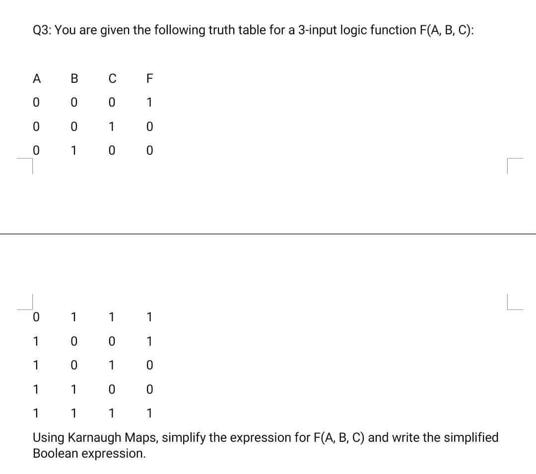 Q3: You are given the following truth table for a 3-input logic function F(A, B, C):
A
0
0
0
0
1
1
1
1
B
0
0
1
C
0
1
0
1
0
0
1
1
F
1
1
1
0
1
1 0
0
0
1
1
Using Karnaugh Maps, simplify the expression for F(A, B, C) and write the simplified
Boolean expression.
0
0