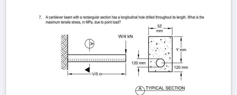 7. A cantilever beam with a rectangular section has a longitudinal hole drilled throughout its length. What is the
maximum tensile stress, in MPa, due to point load?
3Z
mm
W14 kN
Y mm
120 mm
120 mm
-V/5 m-
ATYPICAL SECTION
