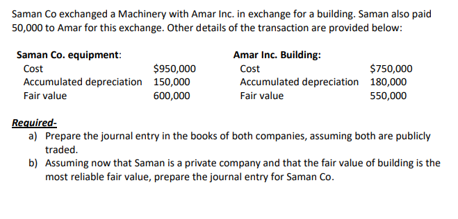 Saman Co exchanged a Machinery with Amar Inc. in exchange for a building. Saman also paid
50,000 to Amar for this exchange. Other details of the transaction are provided below:
Saman Co. equipment:
Amar Inc. Building:
$950,000
Accumulated depreciation 150,000
$750,000
Accumulated depreciation 180,000
Cost
Cost
Fair value
600,000
Fair value
550,000
Required-
a) Prepare the journal entry in the books of both companies, assuming both are publicly
traded.
b) Assuming now that Saman is a private company and that the fair value of building is the
most reliable fair value, prepare the journal entry for Saman Co.

