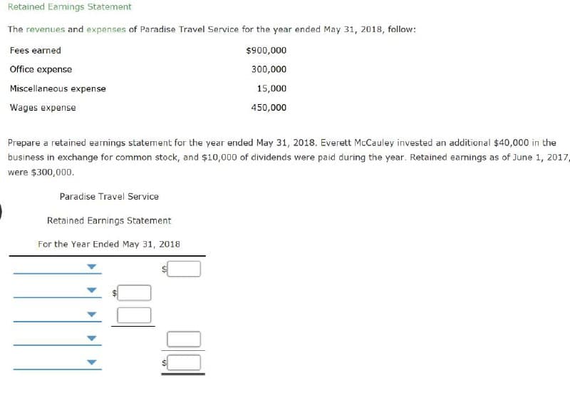 Retained Earnings Statement
The revenues and expenses of Paradise Travel Service for the year ended May 31, 2018, follow:
Fees earned
$900,000
Office expense
300,000
Miscellaneous expense
15,000
Wages expense
450,000
Prepare a retained earnings statement for the year ended May 31, 2018. Everett McCauley invested an additional $40,000 in the
business in exchange for common stock, and $10,000 of dividends were paid during the year. Retained earnings as of June 1, 2017,
were $300,000.
Paradise Travel Service
Retained Earnings Statement
For the Year Ended May 31, 2018