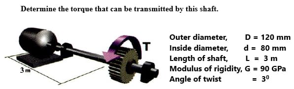 Determine the torque that can be transmitted by this shaft.
D = 120 mm
d = 80 mm
L = 3 m
Modulus of rigidity, G = 90 GPa
= 30
Outer diameter,
Inside diameter,
IT
Length of shaft,
3 m
Angle of twist
