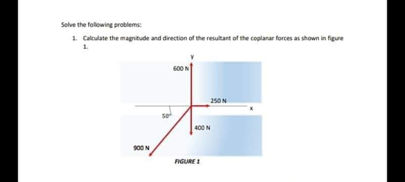 Solve the following problems:
1. Calculate the magnitude and direction of the resultant of the coplanar forces as shown in figure
1.
600 N
250 N
50
400 N
900 N
FIGURE 1
