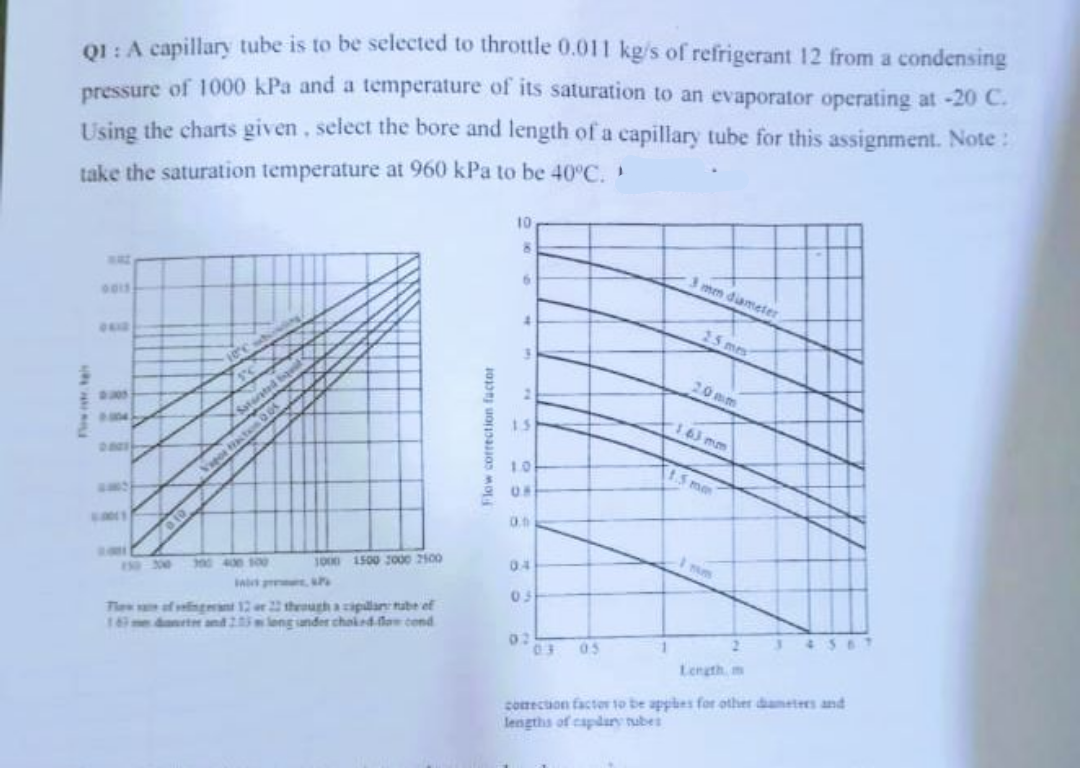 01: A capillary tube is to be selected to throttle 0.011 kg/s of refrigerant 12 from a condensing
pressure of 1000 kPa and a temperature of its saturation to an evaporator operating at -20 C.
Using the charts given, select the bore and length of a capillary tube for this assignment. Note:
take the saturation temperature at 960 kPa to be 40°C.
10
3 mm diameter
BRY
25 ms
20 mm
163 mm
2305
15
t5mm
04
1000 1500 3000 2100
P5 300 Mn 400 s00
In
05
Tiew of ingeant 12 er 22 theugh a ciplan tube ef
16mdanrte and 2leng ander choied lo cend
456T
2.
02
05
Length, m
comectuon factor to be appbes for other dametes and
lengths of capdury nubes
