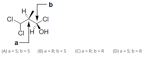 CI
ČI
CI H OH
a
(A) a = S; b = S
(B) a = R; b = S
(C) a = R; b = R
(D) a = S; b = R

