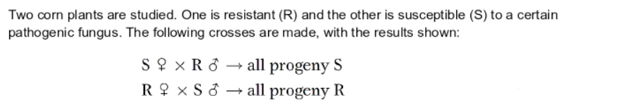Two corn plants are studied. One is resistant (R) and the other is susceptible (S) to a certain
pathogenic fungus. The following crosses are made, with the results shown:
S ? x R đ
→ all progeny S
R ? x S ở → all progeny R
