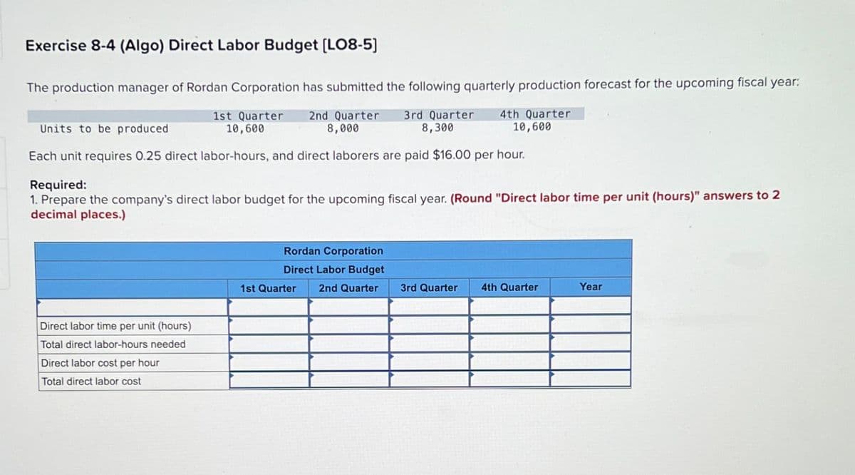 Exercise 8-4 (Algo) Direct Labor Budget [LO8-5]
The production manager of Rordan Corporation has submitted the following quarterly production forecast for the upcoming fiscal year:
1st Quarter 2nd Quarter 3rd Quarter 4th Quarter
10,600
8,000
8,300
10,600
Units to be produced
Each unit requires 0.25 direct labor-hours, and direct laborers are paid $16.00 per hour.
Required:
1. Prepare the company's direct labor budget for the upcoming fiscal year. (Round "Direct labor time per unit (hours)" answers to 2
decimal places.)
Direct labor time per unit (hours)
Total direct labor-hours needed
Direct labor cost per hour
Total direct labor cost
Rordan Corporation
Direct Labor Budget
2nd Quarter
1st Quarter
3rd Quarter 4th Quarter
Year