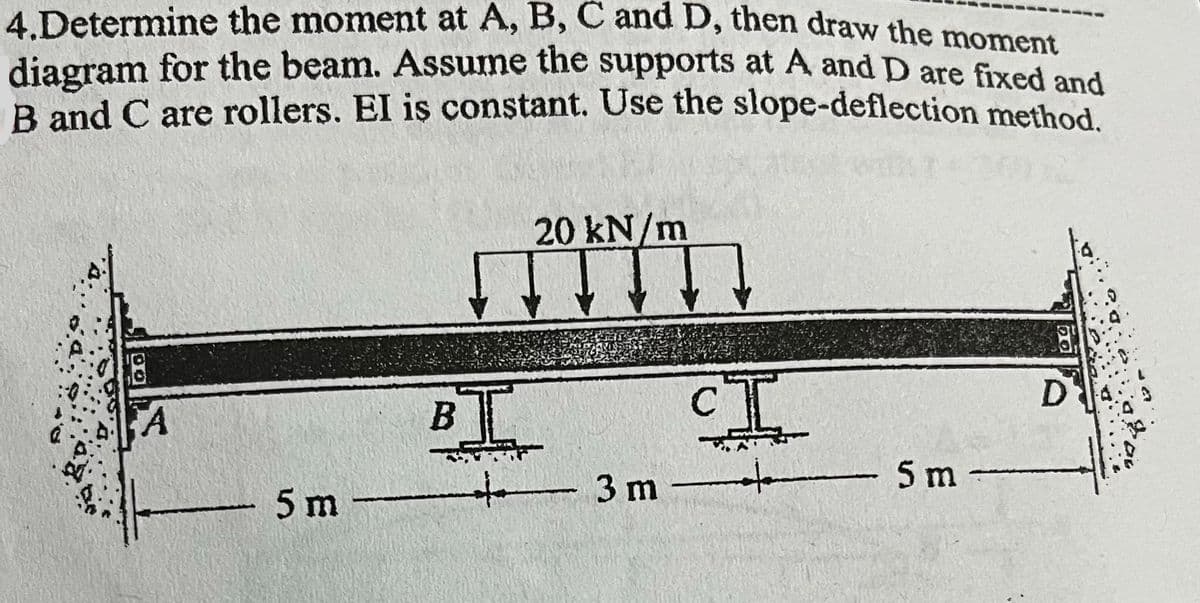 4.Determine the moment at A, B, C and D, then draw the moment
diagram for the beam. Assume the supports at A and D are fixed and
B and C are rollers. El is constant. Use the slope-deflection method.
DO
A
5 m
BI
20 kN/m
ņ
CI
3 m -
- 5 m
DO
D