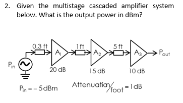 2. Given the multistage cascaded amplifier system
below. What is the output power in dBm?
Pin
0.3 ft
1 ft
A>A₂ A3
20 dB
5 ft
Pin=-5dBm
15 dB
Attenuation foot=1dB
10 dB
Pout