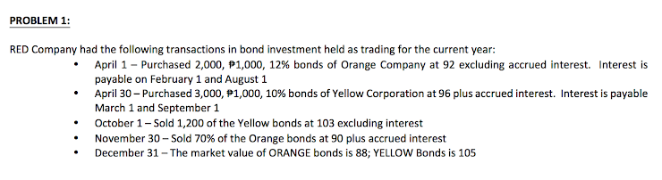 PROBLEM 1:
RED Company had the following transactions in bond investment held as trading for the current year:
April 1- Purchased 2,000, P1,000, 12% bonds of Orange Company at 92 excluding accrued interest. Interest is
payable on February 1 and August 1
April 30 – Purchased 3,000, #1,000, 10% bonds of Yellow Corporation at 96 plus accrued interest. Interest is payable
March 1 and September 1
October 1- Sold 1,200 of the Yellow bonds at 103 excluding interest
November 30 - Sold 70% of the Orange bonds at 90 plus accrued interest
December 31 - The market value of ORANGE bonds is 88; YELLOW Bonds is 105
