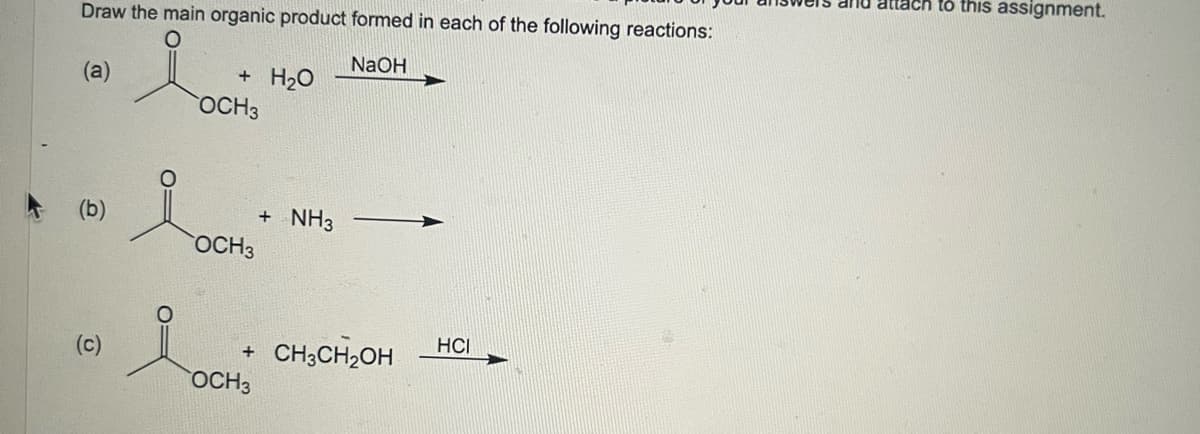 Draw the main organic product formed in each of the following reactions:
i
NaOH
(a)
(b)
O
+ H₂O
OCH 3
OCH 3
+ NH3
+ CH3CH₂OH
OCH3
HCI
attach to this assignment.