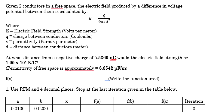 Given 2 conductors in a free space, the electric field produced by a difference in voltage
potential between them is calculated by:
E =
9
4πεd2
Where:
E = Electric Field Strength (Volts per meter)
q=charge between conductors (Coulombs)
ε = permittivity (Farads per meter)
d = distance between conductors (meter)
At what distance from a negative charge of 5.5360 nC would the electric field strength be
1.90 x 10³ N/C?
(Permittivity of free space is approximately = 8.8542 pF/m)
f(x) =
Write the function used)
1. Use RFM and 4 decimal places. Stop at the last iteration given in the table below.
a
b
f(a)
f(b)
f(x)
0.0100
0.0200
Iteration
0