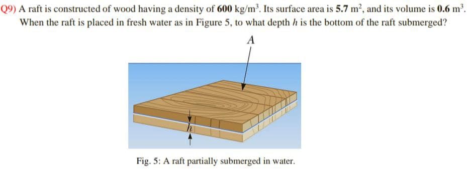 Q9) A raft is constructed of wood having a density of 600 kg/m3. Its surface area is 5.7 m2, and its volume is 0.6 m²
When the raft is placed in fresh water as in Figure 5, to what depth h is the bottom of the raft submerged?
A
Fig. 5: A raft partially submerged in water.
