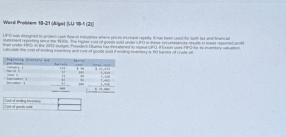 Word Problem 18-21 (Algo) [LU 18-1 (2)]
LIFO was designed to protect cash flow in industries where prices increase rapidly. It has been used for both tax and financial
statement reporting since the 1930s. The higher cost of goods sold under LIFO in these circumstances results in lower reported profit
than under FIFO. In the 2012 budget, President Obama has threatened to repeal LIFO. If Exxon uses FIFO for its inventory valuation,
calculate the cost of ending inventory and cost of goods sold if ending inventory is 110 barrels of crude oil:
Beginning inventory and
purchases
Barrels
Barrel
cost
Total cost
January 1
132
$ 96
$ 12,672
March 1
57
102
5,814
June 1
72
99
7,128
September 1
82
91
7,462
December 1
57
104
5,928
400
I
$ 39,004
Cost of ending inventory
Cost of goods sold