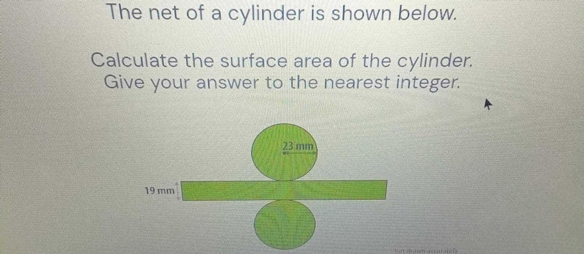 The net of a cylinder is shown below.
Calculate the surface area of the cylinder.
Give your answer to the nearest integer.
19 mm
23 mm
unately