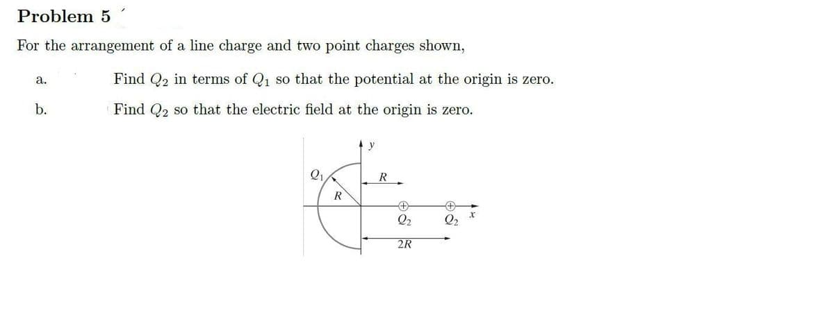 Problem 5
For the arrangement of a line charge and two point charges shown,
a.
b.
Find Q2 in terms of Q₁ so that the potential at the origin is zero.
Find Q2 so that the electric field at the origin is zero.
Q₁
R
G
R
2R
Q2 Q2