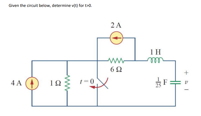 Given the circuit below, determine v(t) for t>0.
4A
Ο
1Ω
t=0
2A
www
6Ω
1Η
γ
F:
+
υ
ΔΙ