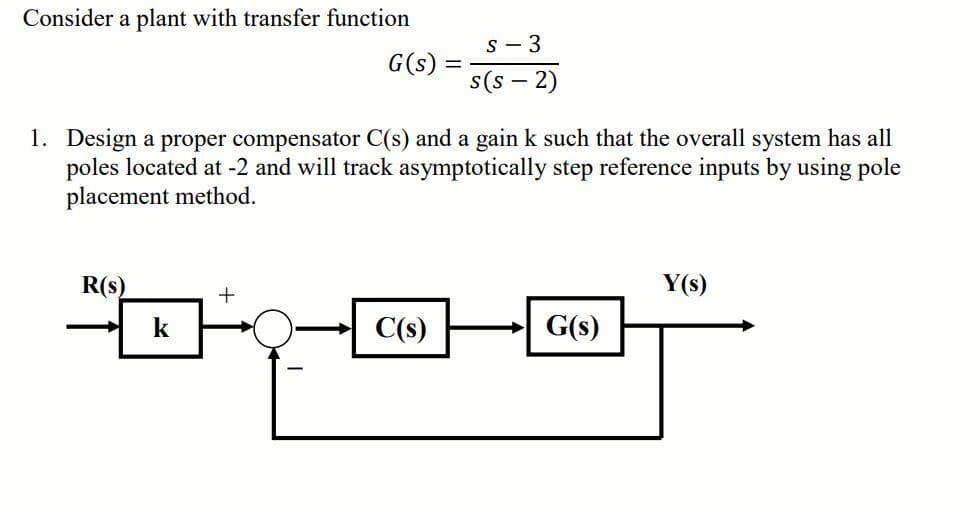 Consider a plant with transfer function
s - 3
G(s) :
s(s -
– 2)
1. Design a proper compensator C(s) and a gain k such that the overall system has all
poles located at -2 and will track asymptotically step reference inputs by using pole
placement method.
R(s)
Y(s)
k
C(s)
G(s)
