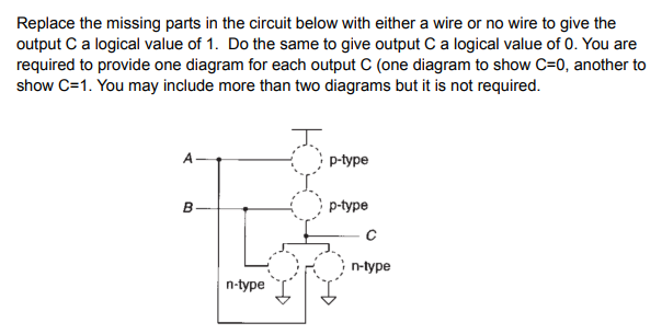 Replace the missing parts in the circuit below with either a wire or no wire to give the
output C a logical value of 1. Do the same to give output C a logical value of 0. You are
required to provide one diagram for each output C (one diagram to show C=0, another to
show C=1. You may include more than two diagrams but it is not required.
p-type
B
p-type
I
n-type
с
n-type
