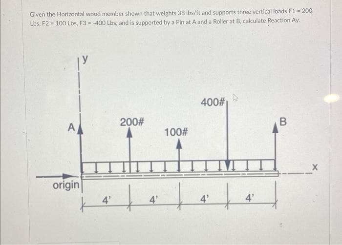 Given the Horizontal wood member shown that weights 38 lbs/ft and supports three vertical loads F1 - 200
Lbs, F2= 100 Lbs, F3 = -400 Lbs, and is supported by a Pin at A and a Roller at B, calculate Reaction Ay.
A
origin
k
4'
200#
f
4'
100#
+
400#
4'
t
4'
B
X