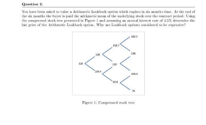 Question 2.
You have been asked to value a Arithmetic Lookback option which expires in six months time. At the end of
the six months the buyer is paid the arithmetic mean of the underlying stock over the contract period. Using
the compressed stock tree presented in Figure 1 and assuming an annual interest rate of 4.5% determine the
fair price of the Arithmetic Lookback option. Why are Lookback options considered to he expensive?
182.5
158.7
138
138
120
120
104.4
104.4
90.8
79
Figure 1: Compressed stock tree
