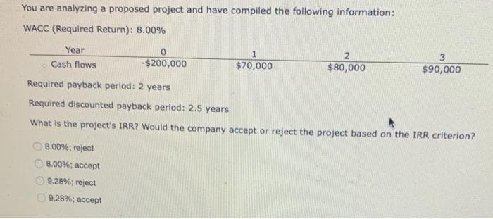 You are analyzing a proposed project and have compiled the following information:
WACC (Required Return): 8.00%
Year
1
3
-$200,000
$70,000
$80,000
$90,000
Cash flows
Required payback period: 2 years
Required discounted payback period: 2.5 years
What is the project's IRR? Would the company accept or reject the project based on the IRR criterion?
8.00%; reject
8.00%; accept
9.28%; reject
O 9.28%; accept
