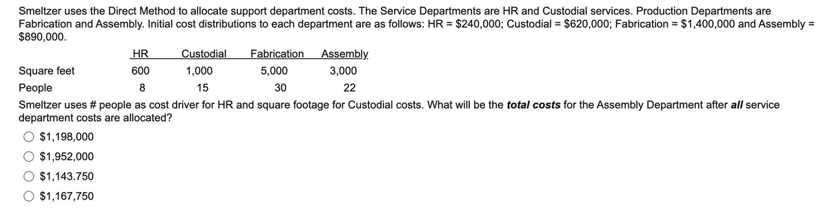 Smeltzer uses the Direct Method to allocate support department costs. The Service Departments are HR and Custodial services. Production Departments are
Fabrication and Assembly. Initial cost distributions to each department are as follows: HR = $240,000; Custodial = $620,000; Fabrication = $1,400,000 and Assembly =
$890,000.
%3D
%3D
HR
Custodial
Fabrication
Assembly.
Square feet
600
1,000
5,000
3,000
Реople
15
30
22
Smeltzer uses # people as cost driver for HR and square footage for Custodial costs. What will be the total costs for the Assembly Department after all service
department costs are allocated?
$1,198,000
$1,952,000
$1,143.750
$1,167,750
