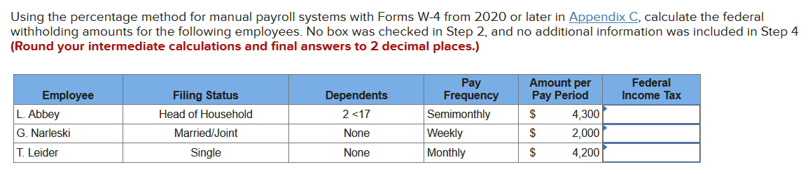 Using the percentage method for manual payroll systems with Forms W-4 from 2020 or later in Appendix C, calculate the federal
withholding amounts for the following employees. No box was checked in Step 2, and no additional information was included in Step 4
(Round your intermediate calculations and final answers to 2 decimal places.)
Pay
Frequency
Amount per
Pay Period
Federal
Income Tax
Employee
Filing Status
Dependents
L. Abbey
Head of Household
2 <17
Semimonthly
$
4,300
G. Narleski
Married/Joint
None
Weekly
$
2,000
T. Leider
Single
None
Monthly
4,200
