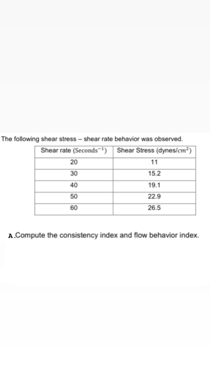 The following shear stress - shear rate behavior was observed.
Shear rate (Seconds¬')
Shear Stress (dynes/cm²)
20
11
30
15.2
40
19.1
50
22.9
60
26.5
A.Compute the consistency index and flow behavior index.

