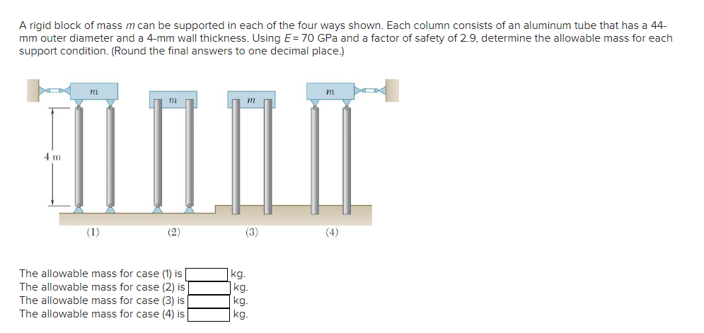 A rigid block of mass m can be supported in each of the four ways shown. Each column consists of an aluminum tube that has a 44-
mm outer diameter and a 4-mm wall thickness. Using E= 70 GPa and a factor of safety of 2.9, determine the allowable mass for each
support condition. (Round the final answers to one decimal place.)
m
m
DI
4 m
(1)
(2)
The allowable mass for case (1) is
The allowable mass for case (2) is
The allowable mass for case (3) is
The allowable mass for case (4) is
m
(3)
kg.
kg.
kg.
kg.
m
(4)