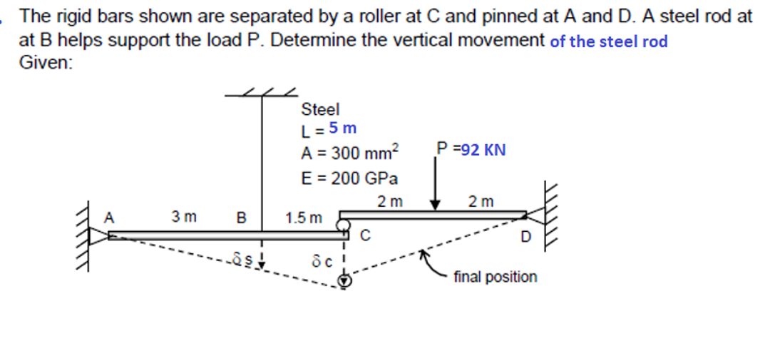 The rigid bars shown are separated by a roller at C and pinned at A and D. A steel rod at
at B helps support the load P. Determine the vertical movement of the steel rod
Given:
3 m
B
ast
Steel
L = 5m
A = 300 mm²
E = 200 GPa
2 m
1.5 m
dc !
P =92 KN
2 m
D
final position