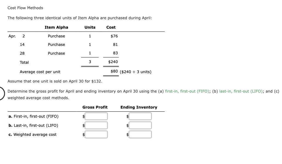 Cost Flow Methods
The following three identical units of Item Alpha are purchased during April:
Item Alpha
Units
Cost
Apr.
2
Purchase
1.
$76
14
Purchase
1
81
28
Purchase
1.
83
Total
3
$240
Average cost per unit
$80 ($240 + 3 units)
Assume that one unit is sold on April 30 for $132.
Determine the gross profit for April and ending inventory on April 30 using the (a) first-in, first-out (FIFO); (b) last-in, first-out (LIFO); and (c)
weighted average cost methods.
Gross Profit
Ending Inventory
a. First-in, first-out (FIFO)
b. Last-in, first-out (LIFO)
2$
%$4
c. Weighted average cost
$
%$4
