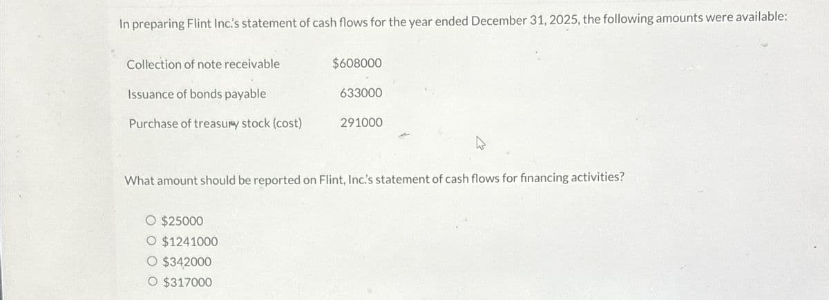 In preparing Flint Inc's statement of cash flows for the year ended December 31, 2025, the following amounts were available:
Collection of note receivable
$608000
Issuance of bonds payable
633000
Purchase of treasury stock (cost)
291000
What amount should be reported on Flint, Inc.'s statement of cash flows for financing activities?
○ $25000
O $1241000
O $342000
O $317000