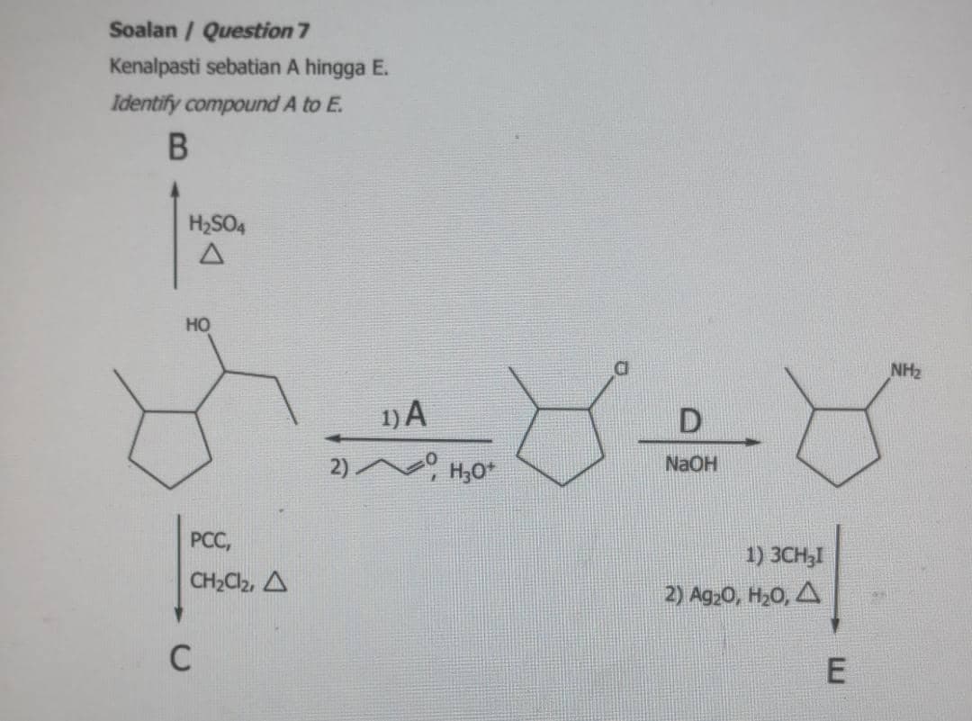 Soalan / Question 7
Kenalpasti sebatian A hingga E.
Identify compound A to E.
H2SO4
NH2
1) A
2)
NaOH
РС,
1) 3CH3I
CH2C2, A
2) Аg20, H-0, Д
E
